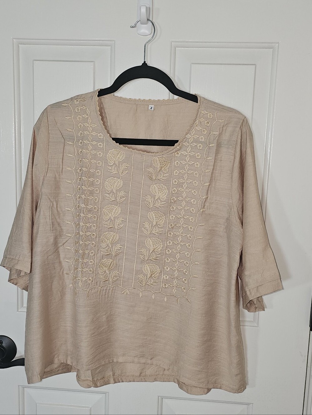 Embroidered Boho Linen-Look Blouse Top Neutral Beige / Apricot